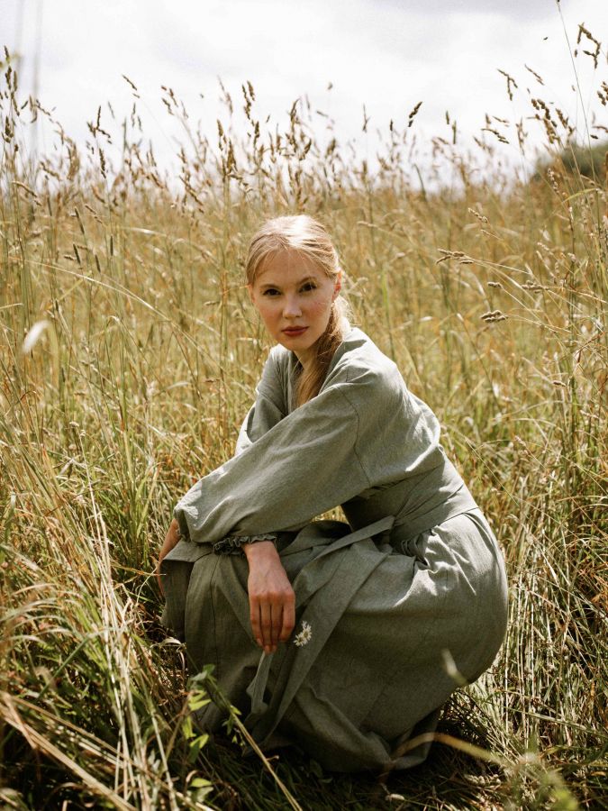 Платье кимоно зеленое из хлопка