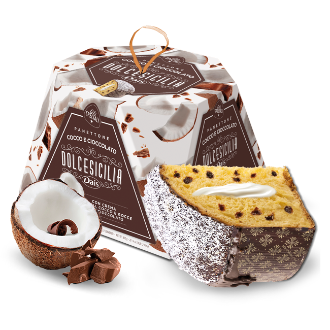 Панеттоне с кокосовым кремом и шоколадом 800 г, Panettone al cocco e cioccolato Dolce Sicilia 800 gr
