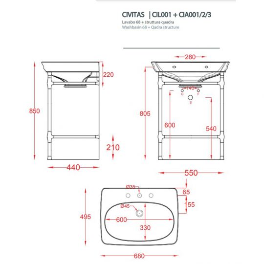 Металлическая консоль для раковины Artceram Civitas CIA002 55x44 схема 2