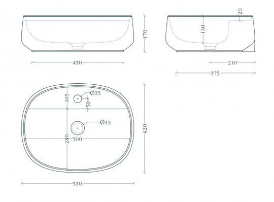 Овальная раковина Artceram Whisky WHL003 53x42 см схема 2