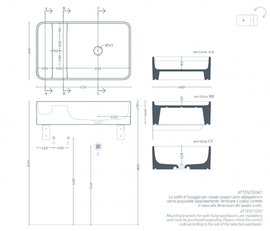 Прямоугольная раковина Artceram Brooklyn BNL003 65x40 см схема 2 Прямоугольная раковина Artceram Brooklyn BNL003 65x40 см схема 2
