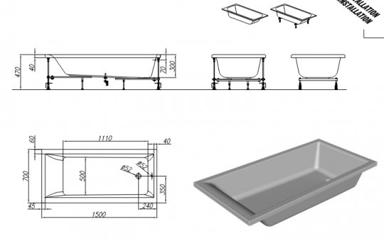 Прямоугольная акриловая ванна Kolpa-San FIGARO 150х70 схема 2