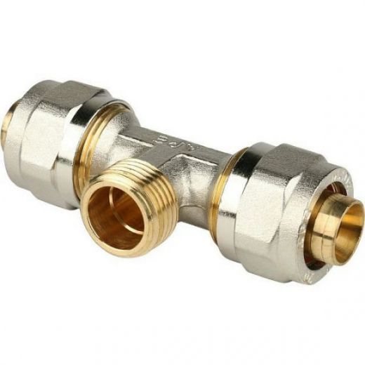 Тройник-переходник с наружной резьбой 20х1/2" для металлопластиковых труб, винтовой STOUT