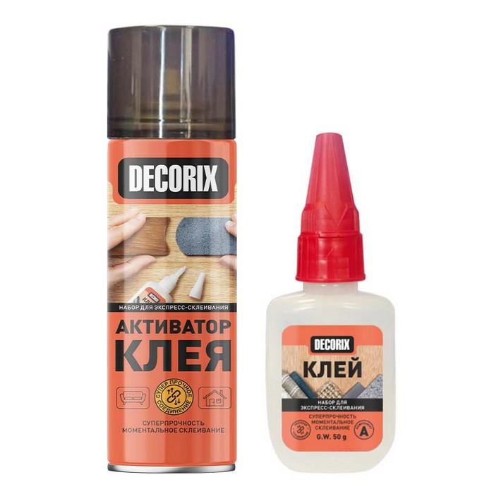 Decorix Клей двухкомпонентный для экспресс-склеивания, Супер клей 50г. + Аэрозольный активатор 270мл.