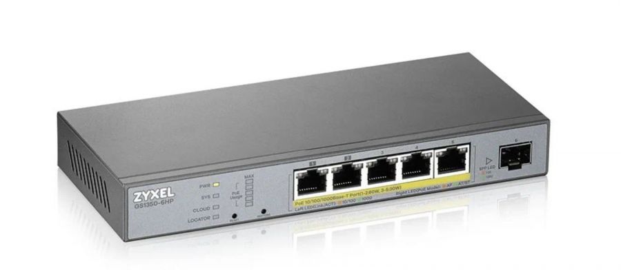 Коммутатор Zyxel GS1350-6HP-EU0101F (L2) 5x1Гбит/с 1SFP 4PoE+ 1PoE++ 60W управляемый