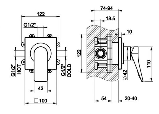 Смеситель с изогнутым рычагом управления Gessi Rilievo 59109 для душа схема 2 Смеситель с изогнутым рычагом управления Gessi Rilievo 59109 для душа схема 2