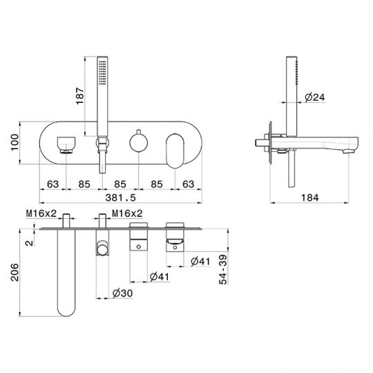 Смеситель встраиваемый для ванны Newform Linfa II 69472E с изливом и ручным душем внешняя часть схема 6