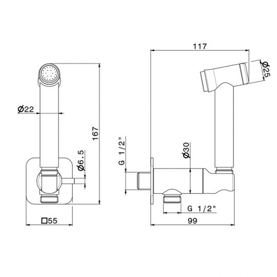 Гигиенический душ Newform X-STEEL 316 руч. лейка 69644X.50.050 уголок с держателем без смесителя INOX схема 2