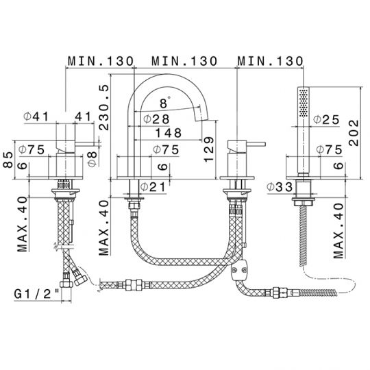 Смеситель для ванны набортный с Newform X-STEEL 316 69682XC в комплекте с ручной лейкой схема 2 Смеситель для ванны набортный с Newform X-STEEL 316 69682XC в комплекте с ручной лейкой схема 2