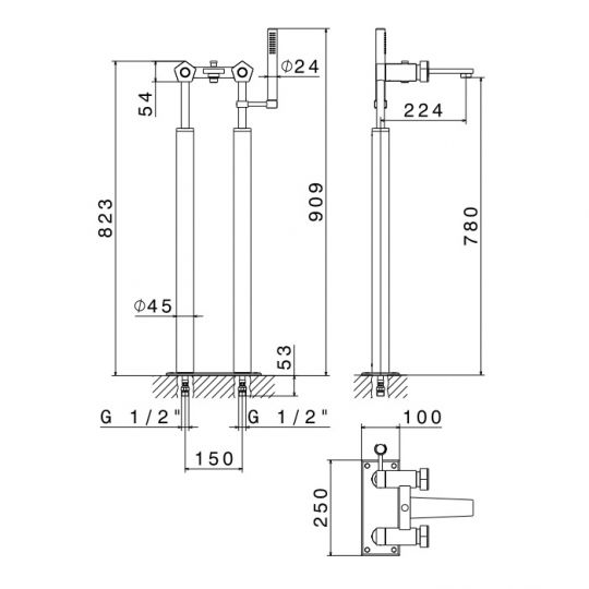 Напольный смеситель для ванны Newform ParkLE 69785C с ручным душем и шлангом 150 см схема 2