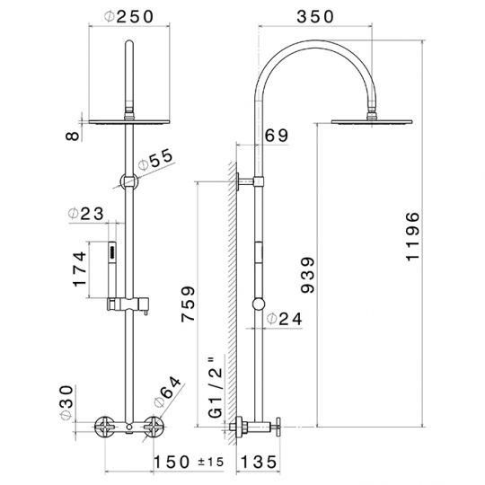 Душевая стойка с верхним и ручным душем Newform Blink 70852.21.018 хром схема 2
