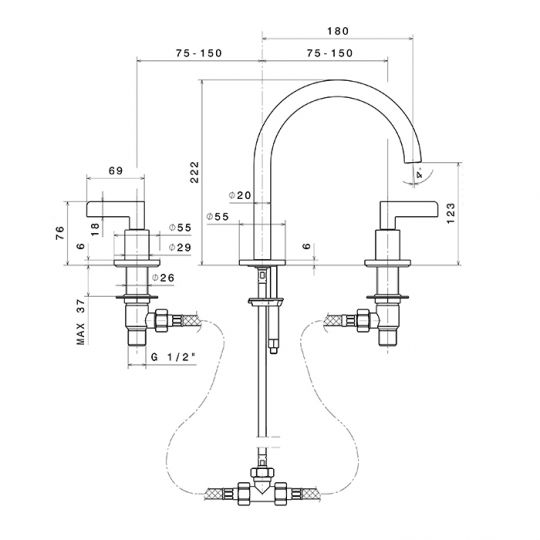 Смеситель для раковины Newform Blink Chic 71000.59.098 3 отверстия схема 2