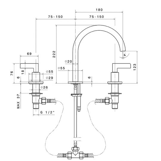 Смеситель для раковины Newform Blink Chic Luxury 71100.58.061 3 отверстия схема 2