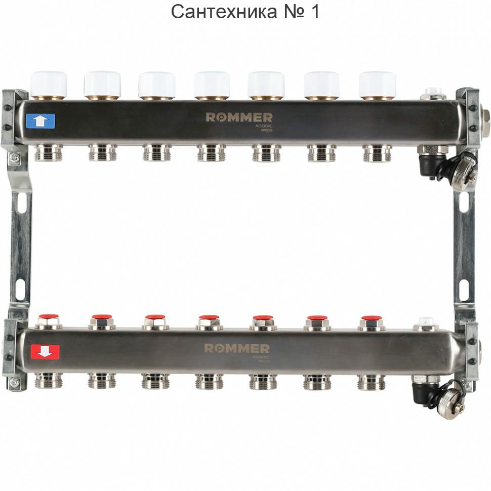 Коллектор из нержавеющей стали без расходомеров, с клапаном выпуска воздуха и сливом 7 выходов ROMMER