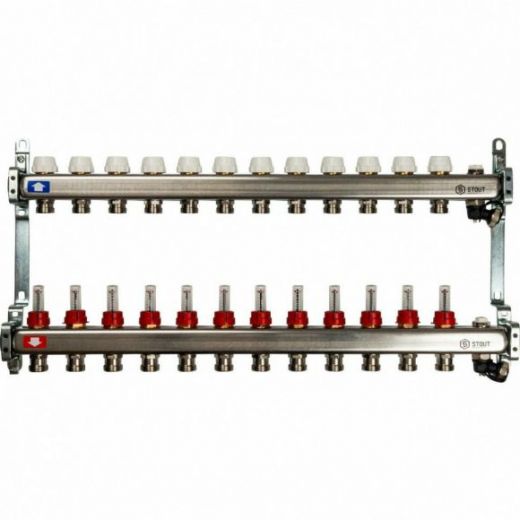 Коллекторная группа с запорными кранами из нержавеющей стали с расходомерами на 12 выходов STOUT
