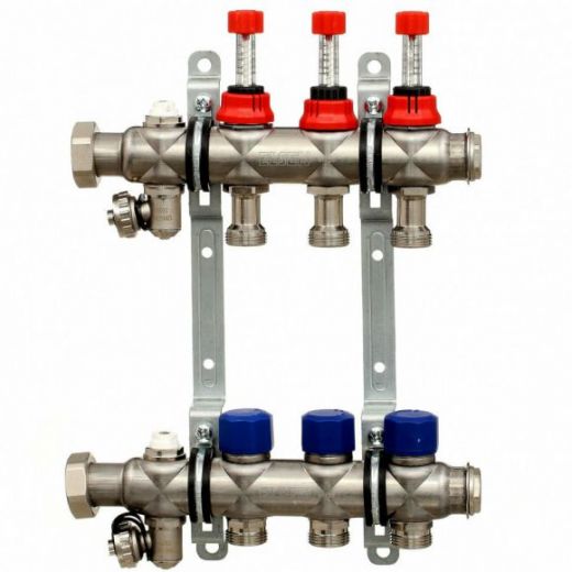 Коллекторная группа НГ 1" с вентилями и расходомерами на 6 контуров 3/4" EK, нержавеющая сталь ELSEN
