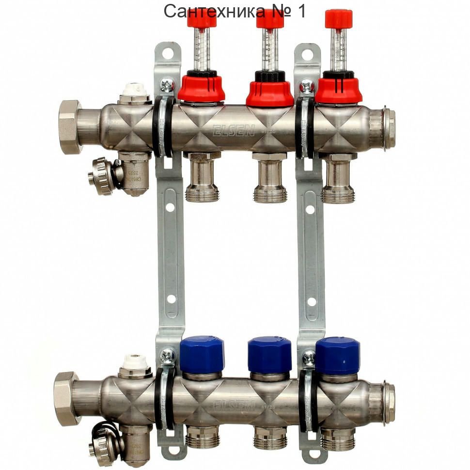 Коллекторная группа НГ 1" с вентилями и расходомерами на 6 контуров 3/4" EK, нержавеющая сталь ELSEN