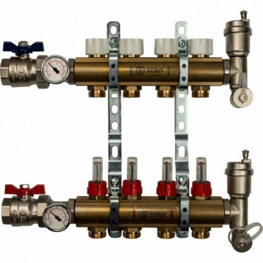 Коллекторная группа из латуни с расходомерами 4 выхода STOUT