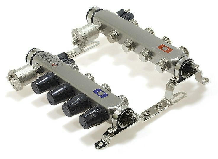 Коллекторная группа из нержавеющей стали без расходомеров 1" на 7 выходов 3/4" с клапанами и воздухоотводчиками TIM