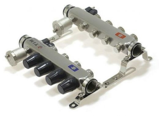 Коллекторная группа из нержавеющей стали без расходомеров 1" на 7 выходов 3/4" с клапанами и воздухоотводчиками TIM