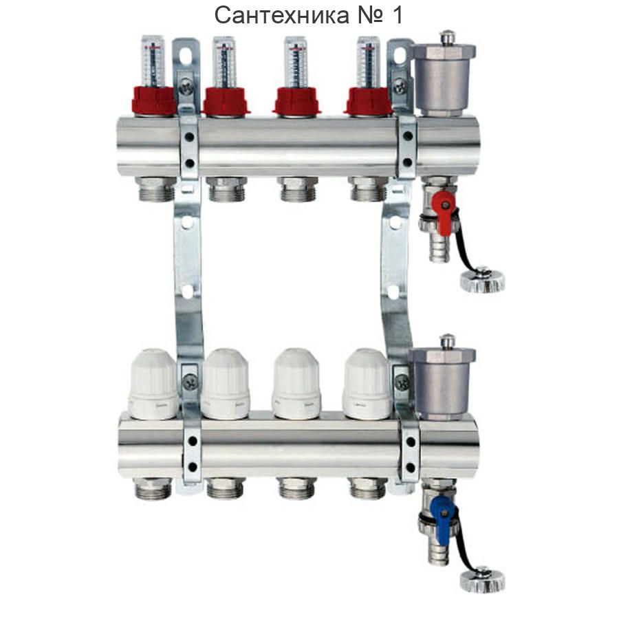 Коллекторная группа из латуни с расходомерами 1" на 6 выходов с клапанами и воздухоотводчиками TIM