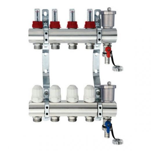Коллекторная группа из латуни с расходомерами 1" на 8 выходов с клапанами и воздухоотводчиками TIM