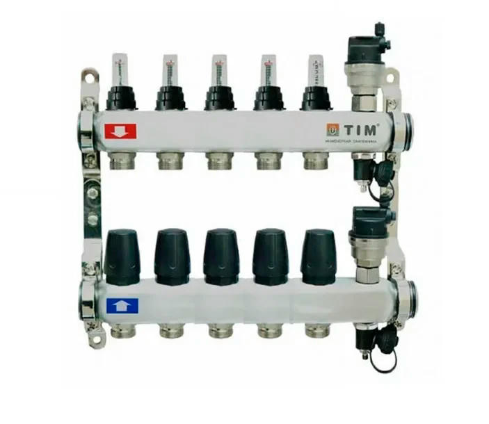 Коллекторная группа из нержавеющей стали с расходомерами 1" на 7 выходов с клапанами и воздухоотводчиками TIM