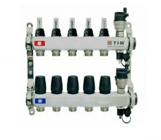 Коллекторная группа из нержавеющей стали с расходомерами 1" на 7 выходов с клапанами и воздухоотводчиками TIM