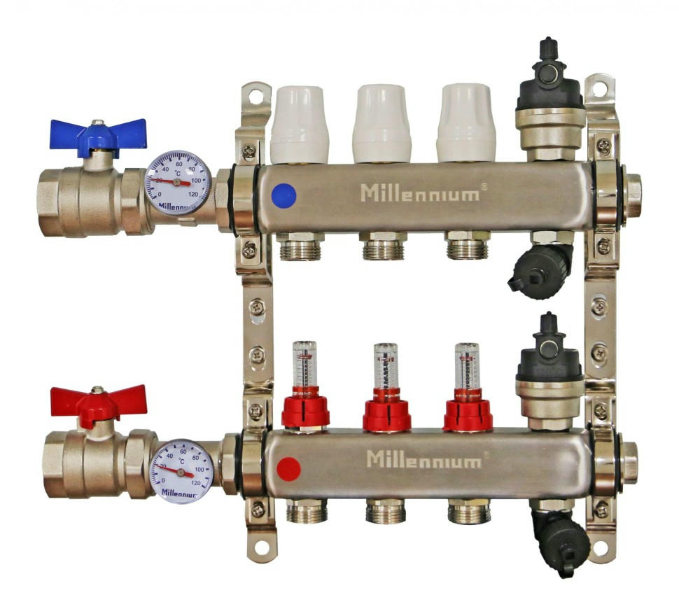 Коллекторная группа 1" 2 выхода с кранами и расходомерами Millennium