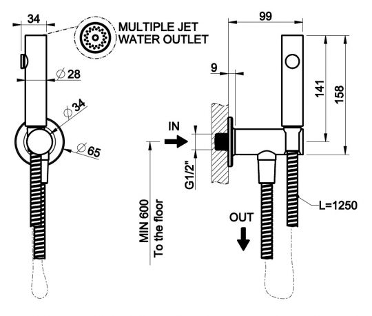 Гигиенический душ Gessi Inciso Total Look без смесителя 58153149 finox никель браш схема 2