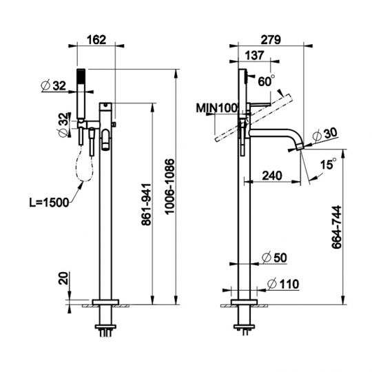 Смеситель для ванны Gessi Emporio Via tortona с душевой лейкой 24943 напольный схема 2