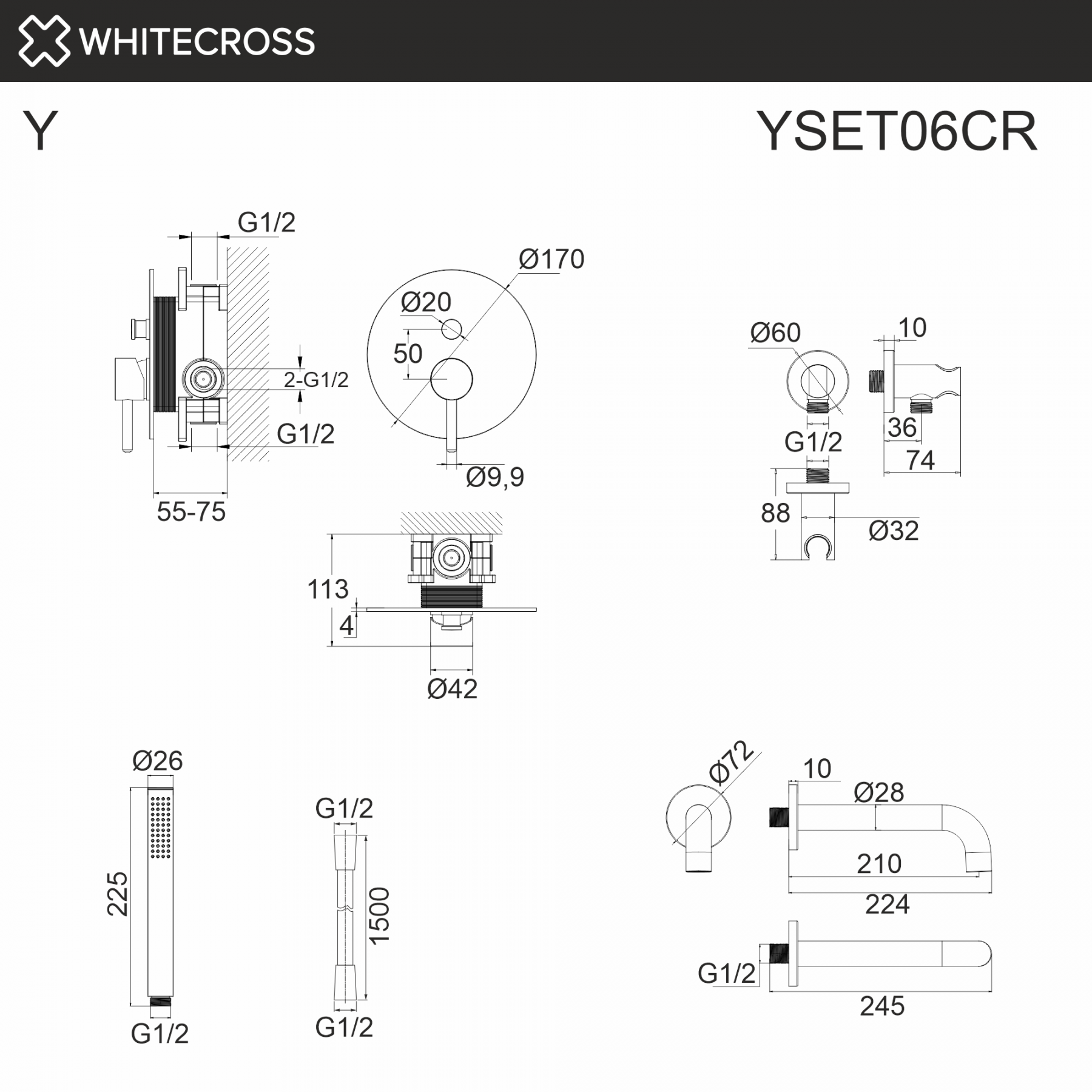 Душевая система с изливом скрытого монтажа WHITECROSS Y YSET06CR хром схема 3