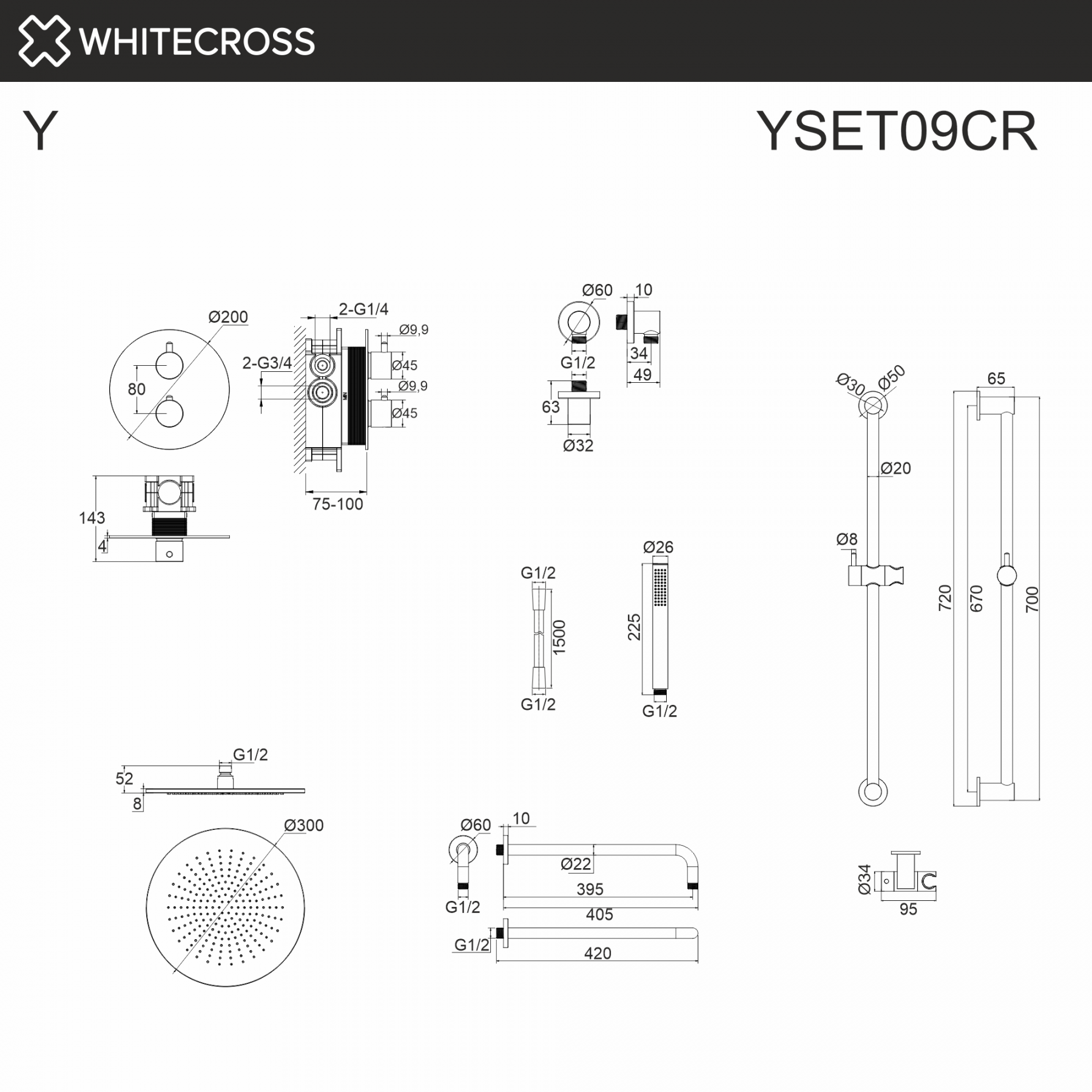 Термостатическая душевая система скрытого монтажа WHITECROSS Y YSET09CR хром схема 3