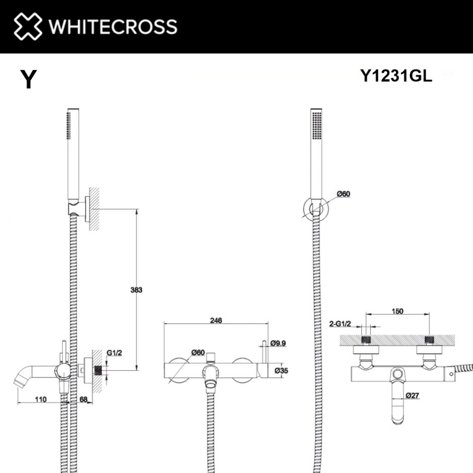 Смеситель для ванны с лейкой и держателем WHITECROSS Y Y1231GL золото ФОТО