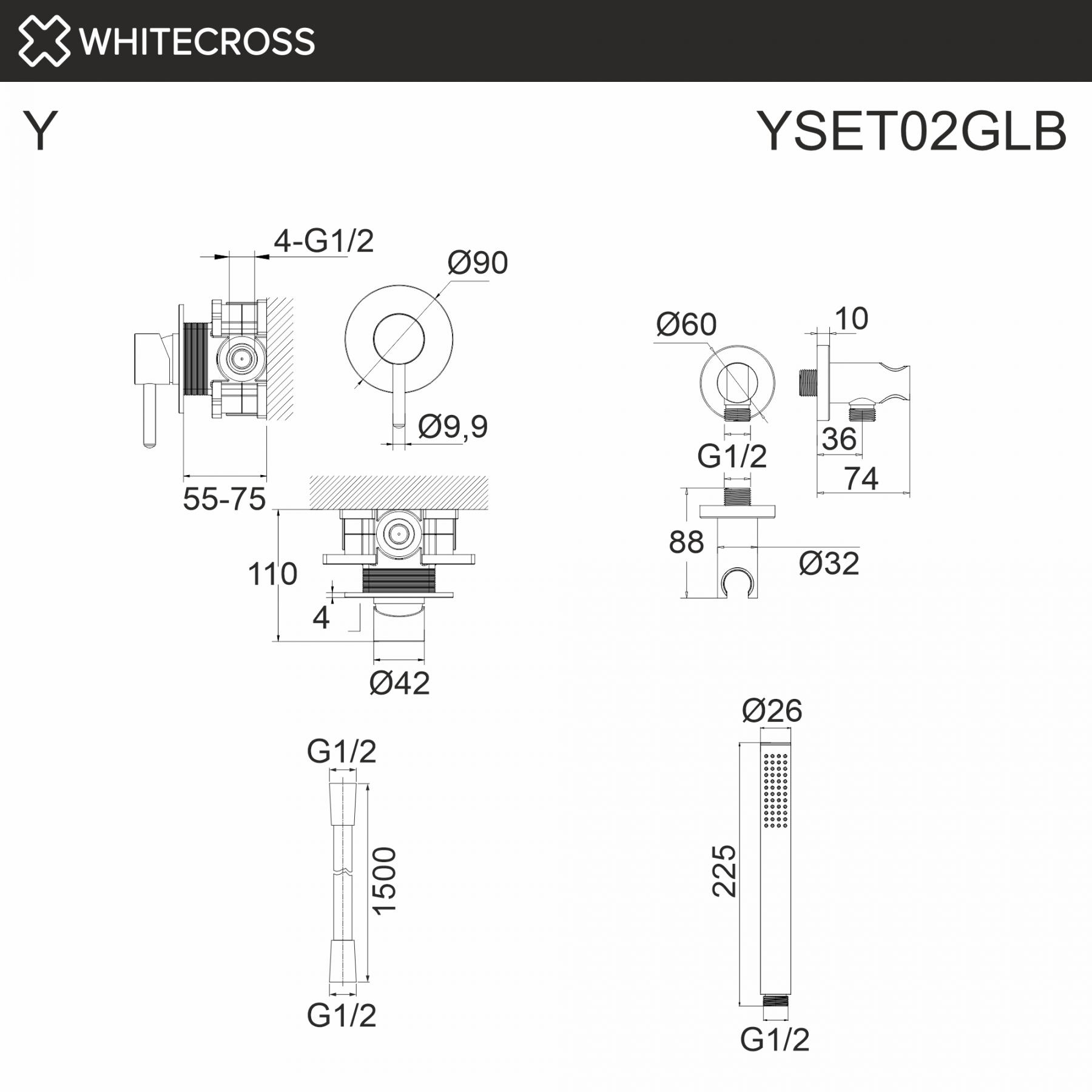 Душевая система скрытого монтажа WHITECROSS Y YSET02GLB золото браш схема 3