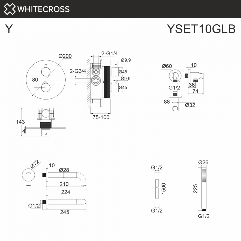 Термостатическая душевая система с изливом скрытого монтажа WHITECROSS Y YSET10GLB золото браш ФОТО