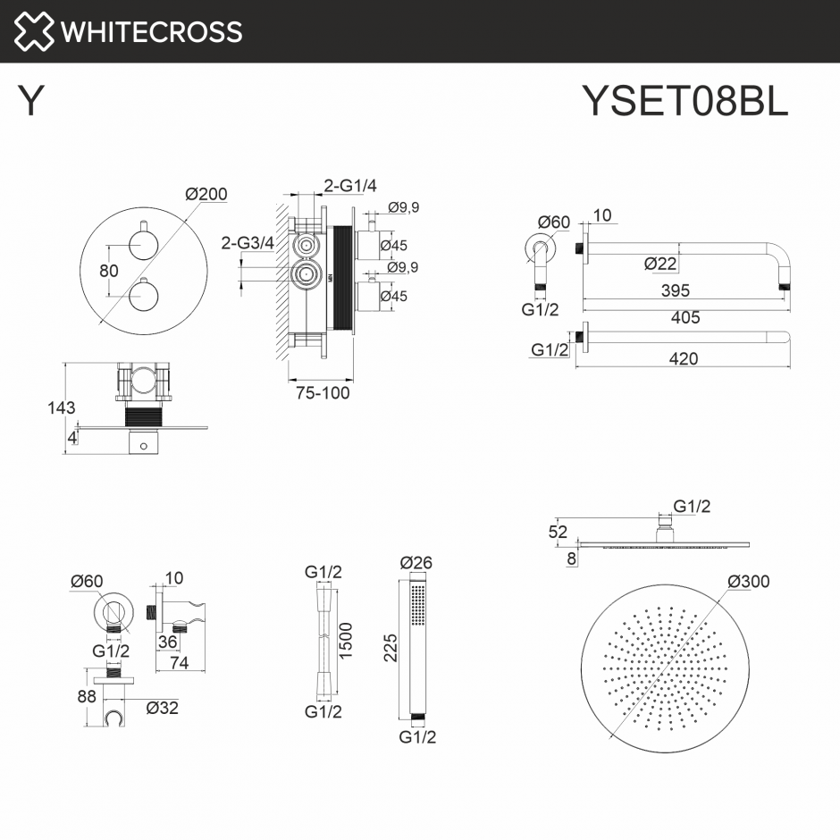 Термостатическая душевая система скрытого монтажа WHITECROSS Y YSET08BL черный матовый ФОТО