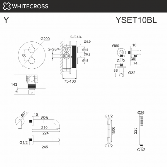 Термостатическая душевая система с изливом скрытого монтажа WHITECROSS Y YSET10BL черный матовый ФОТО