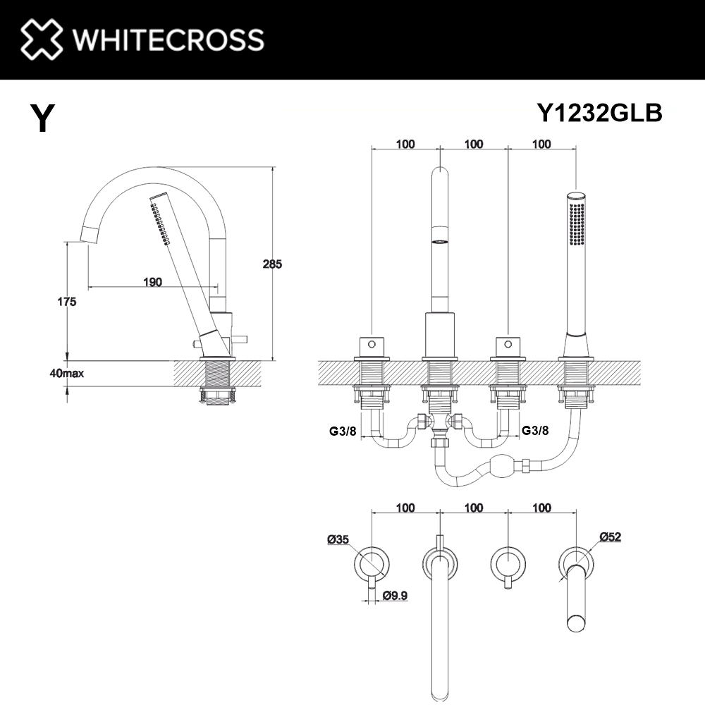 Смеситель на борт ванны на 4 отверстия WHITECROSS Y Y1232GLB золото схема 3