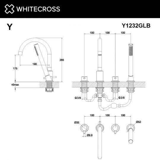 Смеситель на борт ванны на 4 отверстия WHITECROSS Y Y1232GLB золото ФОТО