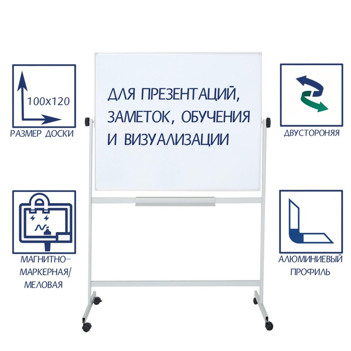 Доска двусторонняя 100?120 см, магнитно-маркерная/меловая, Calligrata СТАНДАРТ, поворотная на мобильном стенде, в алюминиевой рамке, с полочкой
