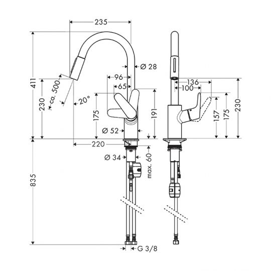 Кухонный смеситель Hansgrohe Focus с вытяжным изливом 31815670 схема 2