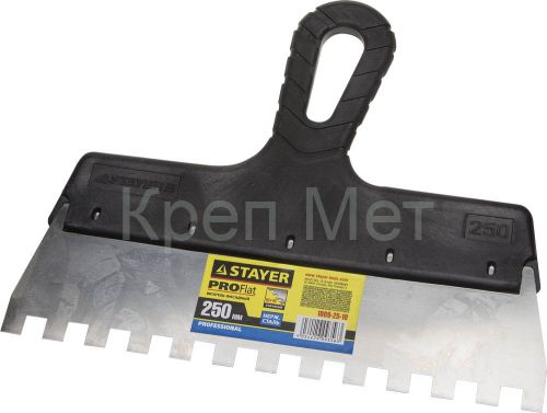 STAYER PROFlat, 250 мм, зуб 10 х 10 мм, пластиковая ручка, зубчатый, нержавеющий фасадный шпатель, Professional (1009-25-10)