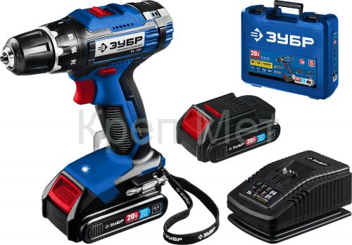 ЗУБР Т7, 20 В, 50 Н·м, 2 АКБ (2 А·ч), дрель-шуруповерт, кейс, Профессионал (DL-201-22)
