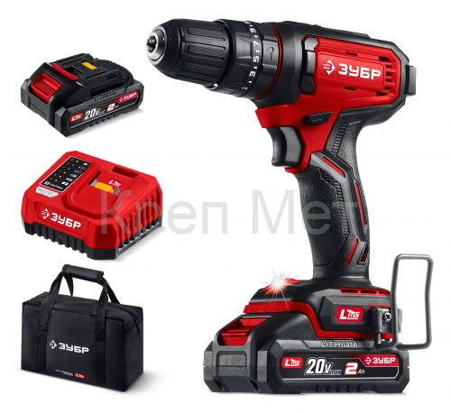 ЗУБР 20 В, 40 Н·м, 2 АКБ LMS (2 А·ч), ударная дрель-шуруповерт, сумка (ДШУ-40-22)