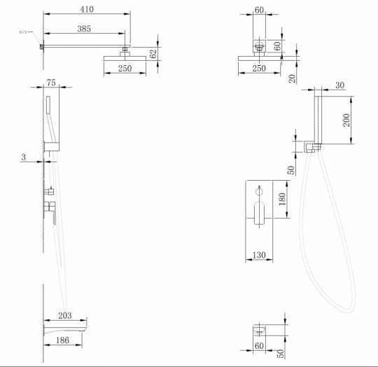 Душевая система ABBER Weiss Insel AF8017B скрытого монтажа с изливом, черная матовая схема 2