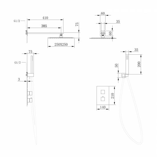 Душевая система ABBER Daheim AF8251G скрытого монтажа без излива, термостат, золото матовое схема 2