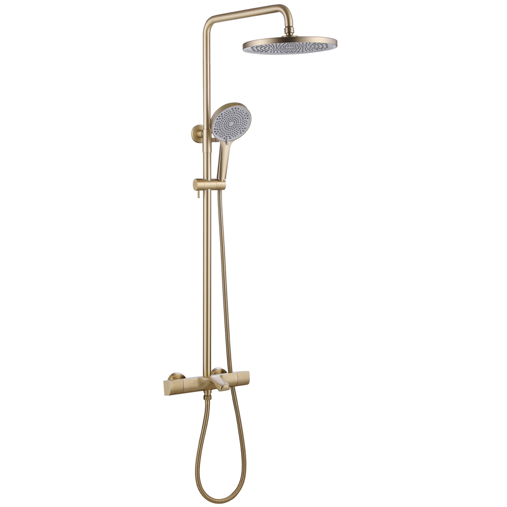 Душевая стойка ABBER Thermostat AF8516GL с термостатом и изливом, золото матовое цена от 73 200 ₽ Фото Душевая стойка ABBER Thermostat AF8516GL с термостатом и изливом, золото матовое