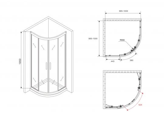 Душевой уголок ABBER Schwarzer Diamant AG01100M 100х100 см схема 2 Душевой уголок ABBER Schwarzer Diamant AG01100M 100х100 см схема 2