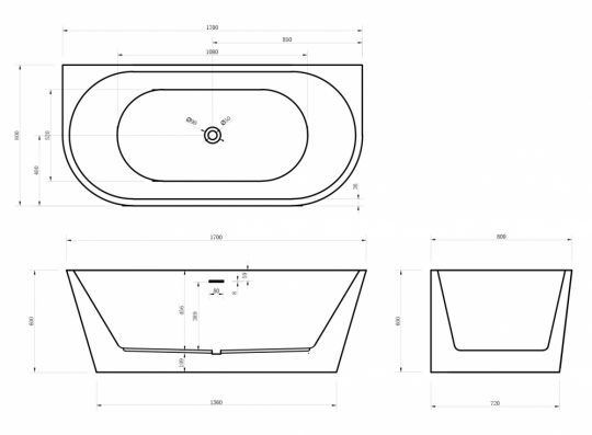 Акриловая ванна ABBER AB9216-1.7MW белая матовая схема 2